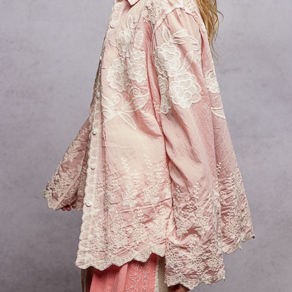 POL Embroidered Floral Button Up Shirt Long Sleeve Top One Size Fits All Pink - Picture 8 of 8